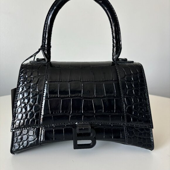 WOMEN'S HOURGLASS XS HANDBAG CROCODILE EMBOSSED IN BLACK - Picture 2 of 7